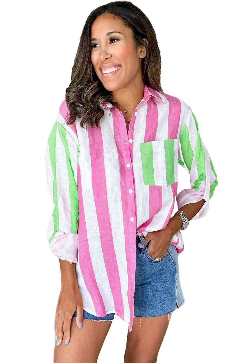 Rose Striped Pocket Button-up High Low Shirt