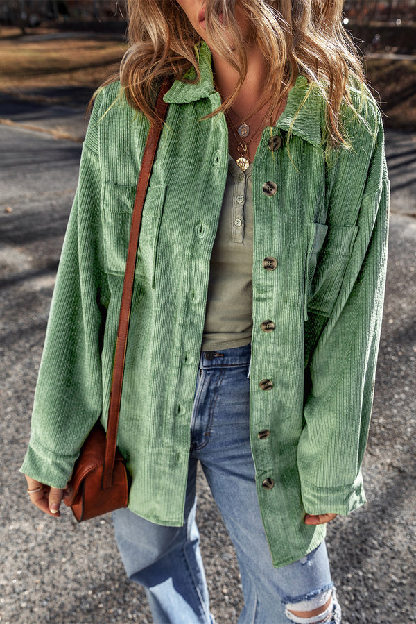 Mist Green Patched Pocket Button-Up Corduroy Shacket