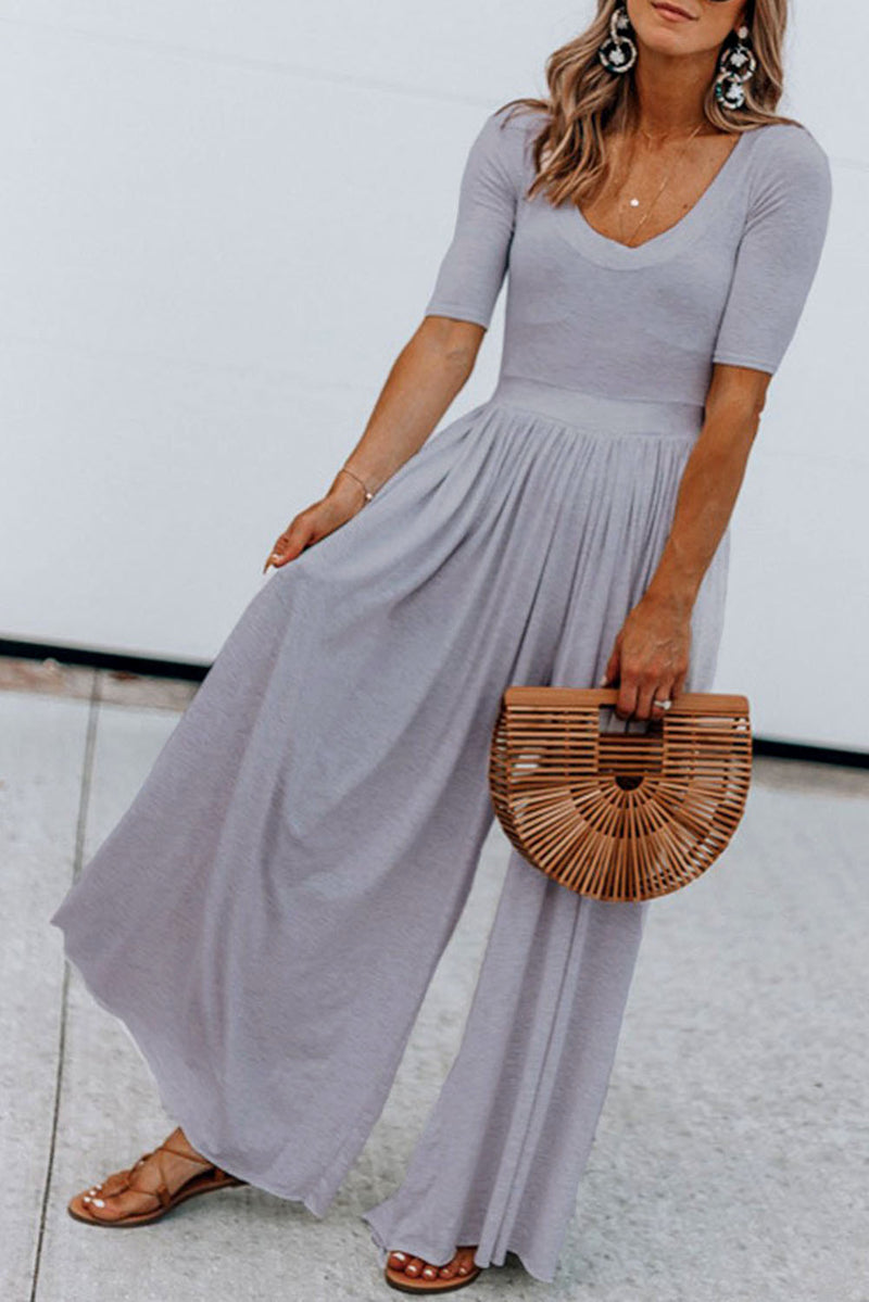 Gray Plain Basic Short Sleeve Wide Leg Jumpsuit