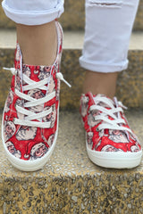 Fiery Red Christmas Santa Print Lace Up Flat Sneakers