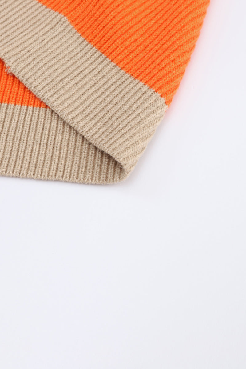 Orange Colorblock Ribbed Knit Open Front Cardigan