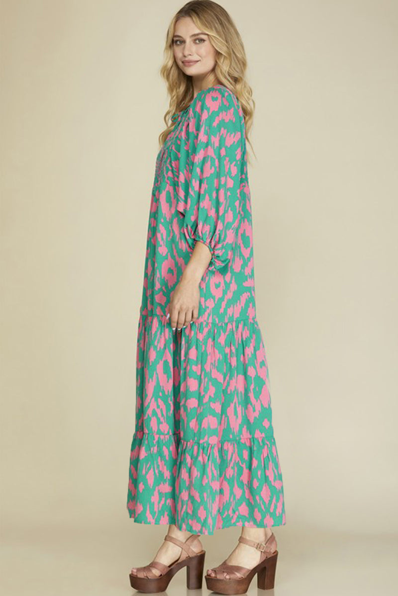 Green Abstract Print Puff Sleeve Smocked V Neck Maxi Dress