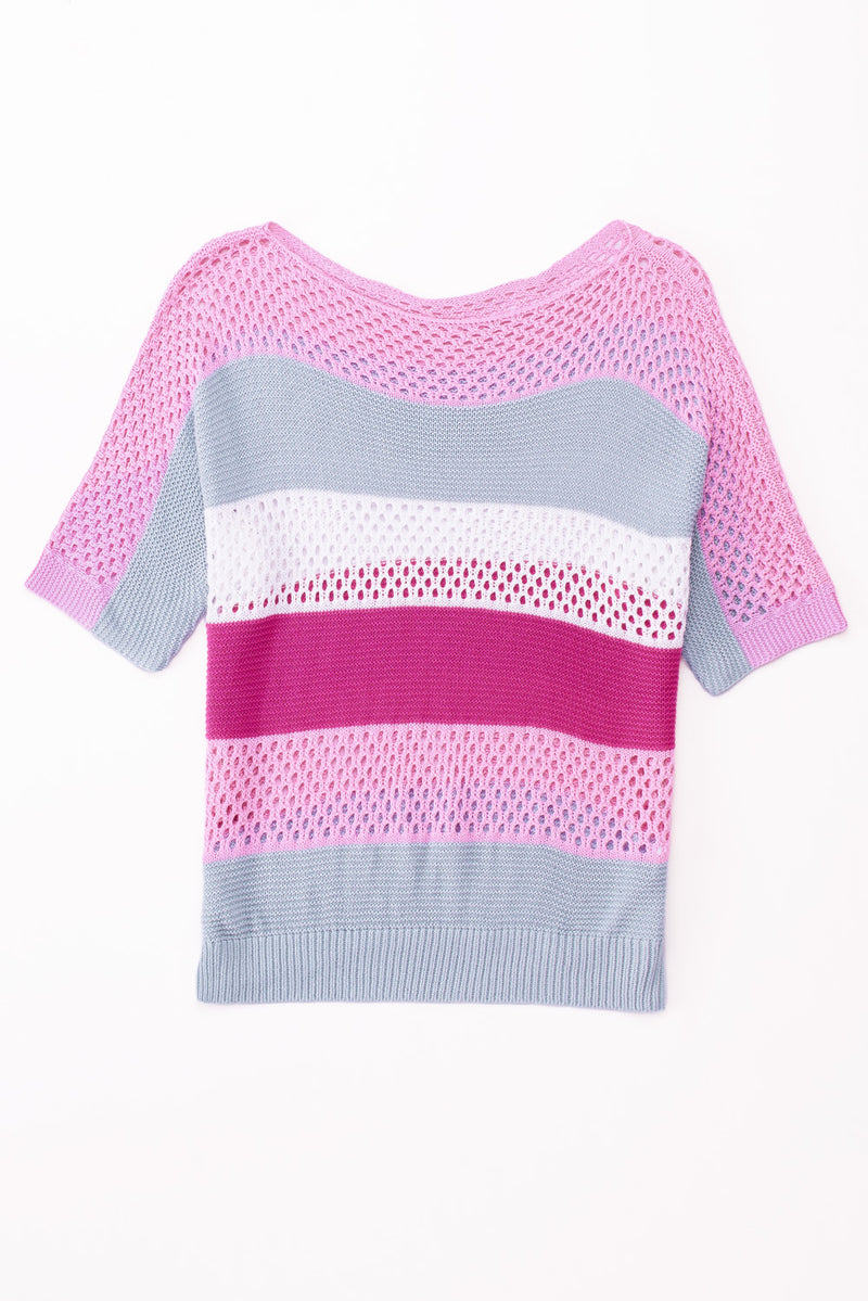 Pink Knitted Eyelet Colorblock Half Sleeves Top