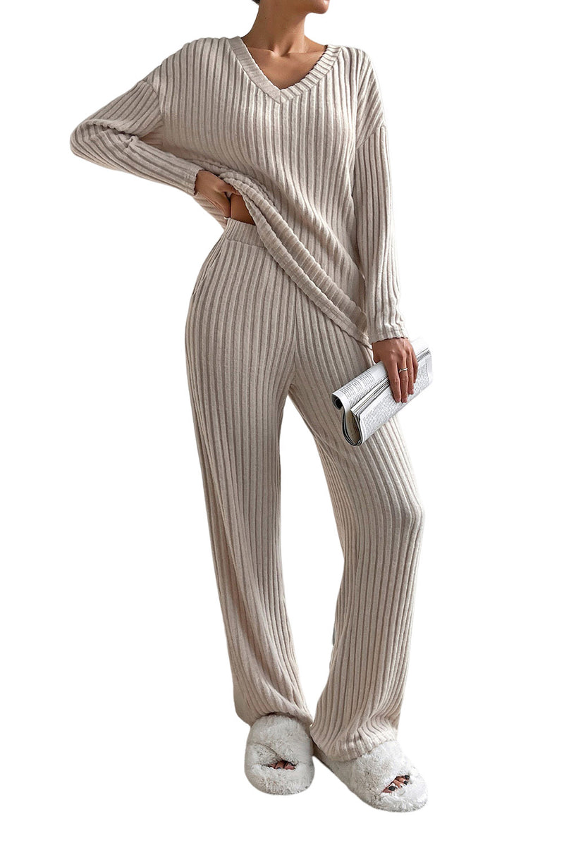 Khaki Slouchy Ribbed Knit V Neck Top & Pants Loungewear Set