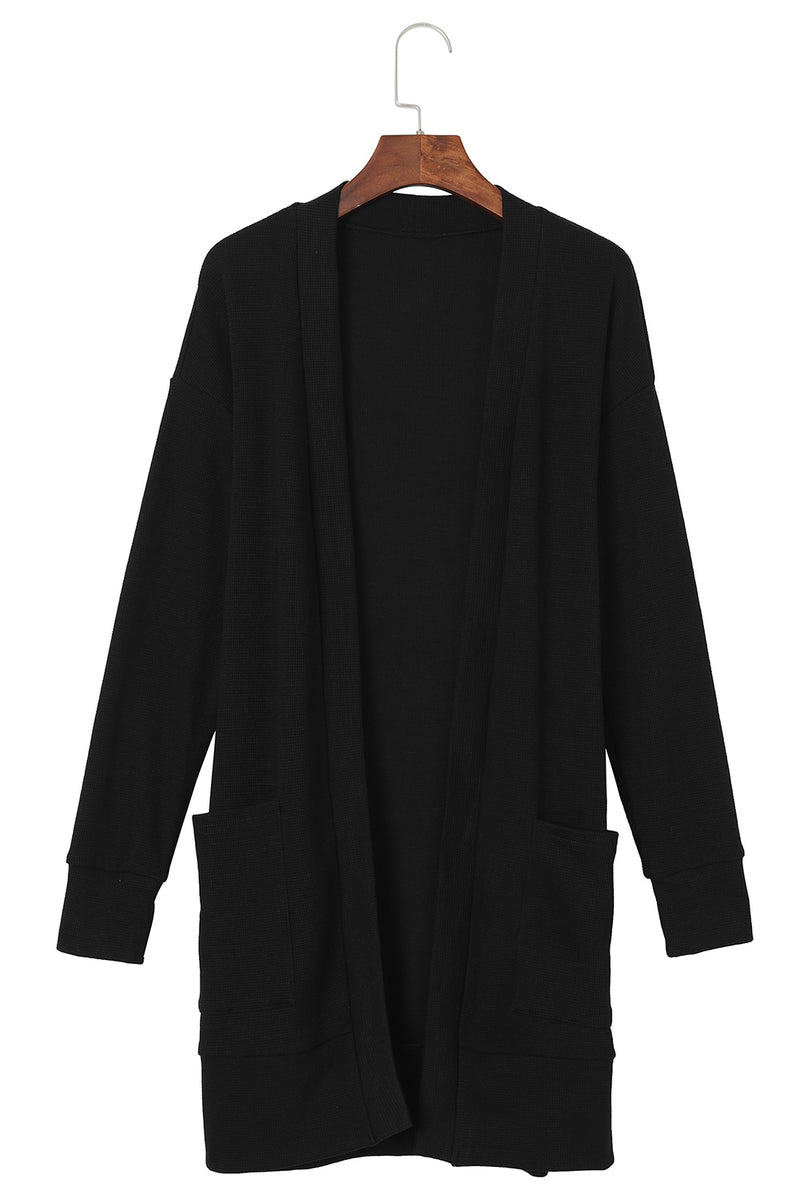 Black Ribbed Knit Pocketed Open Front Long Cardigan