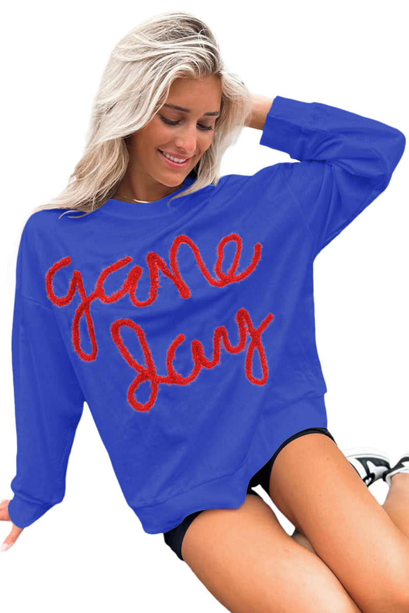 Dark Blue Tinsel Game Day Drop Shoulder Sweatshirt