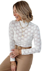 White Floral Lace High Neck Slim Fit Long Sleeve Top