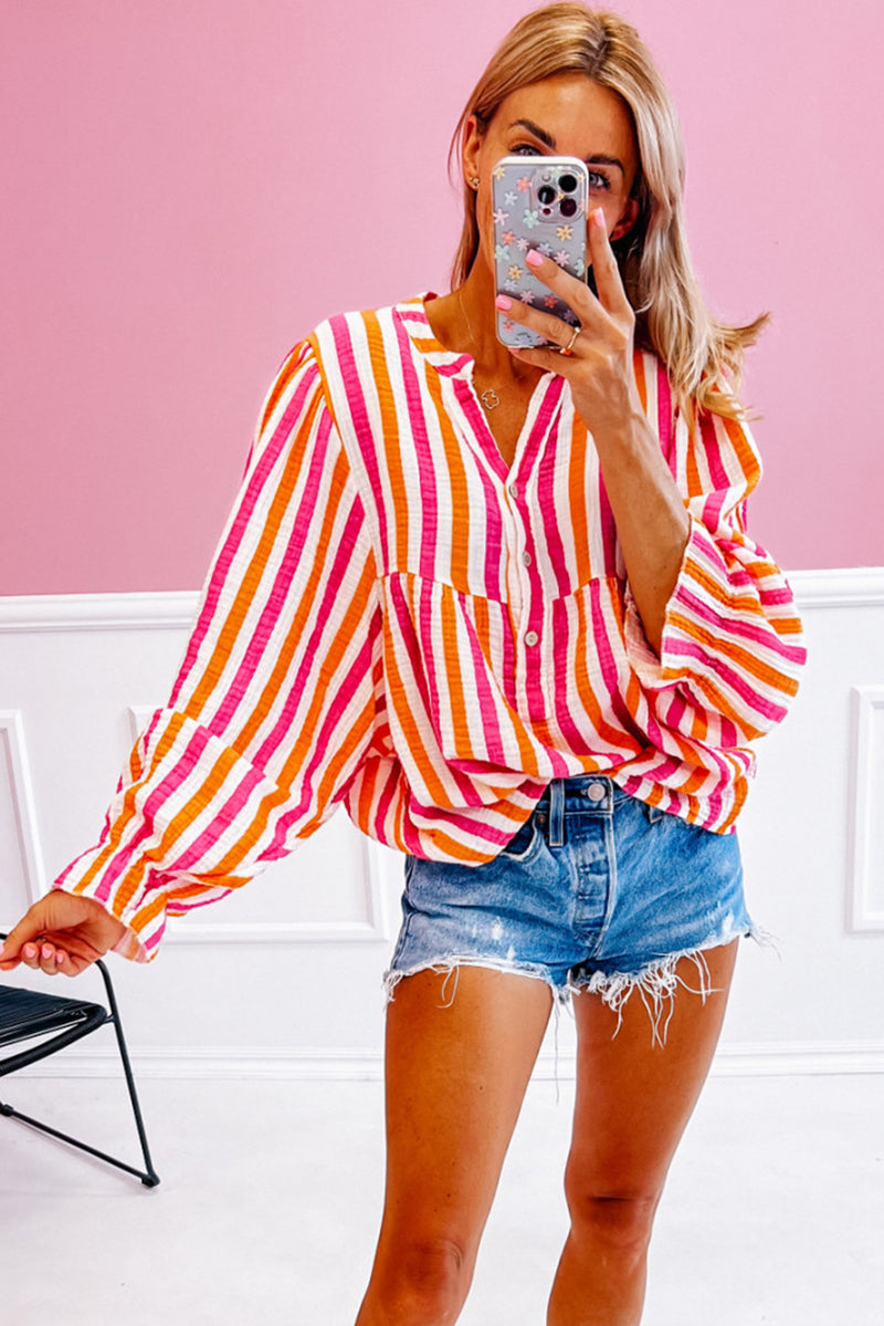 Orange Stripe Balloon Sleeve Notched V Neck Blouse