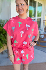 Strawberry Pink Sequin Palm Trees Tee & Drawstring Shorts Set