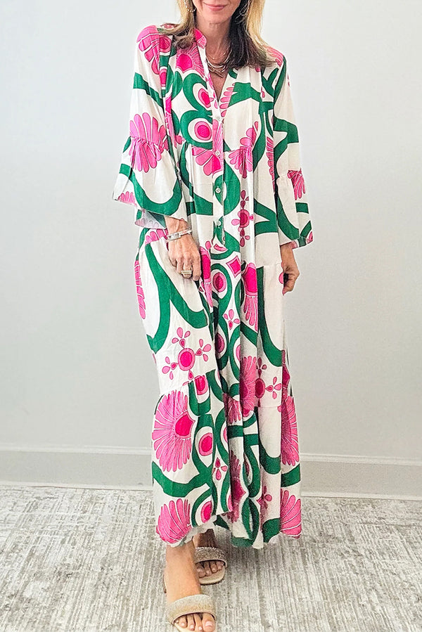 Pink Boho Abstract Button V Neck Oversized Maxi Dress