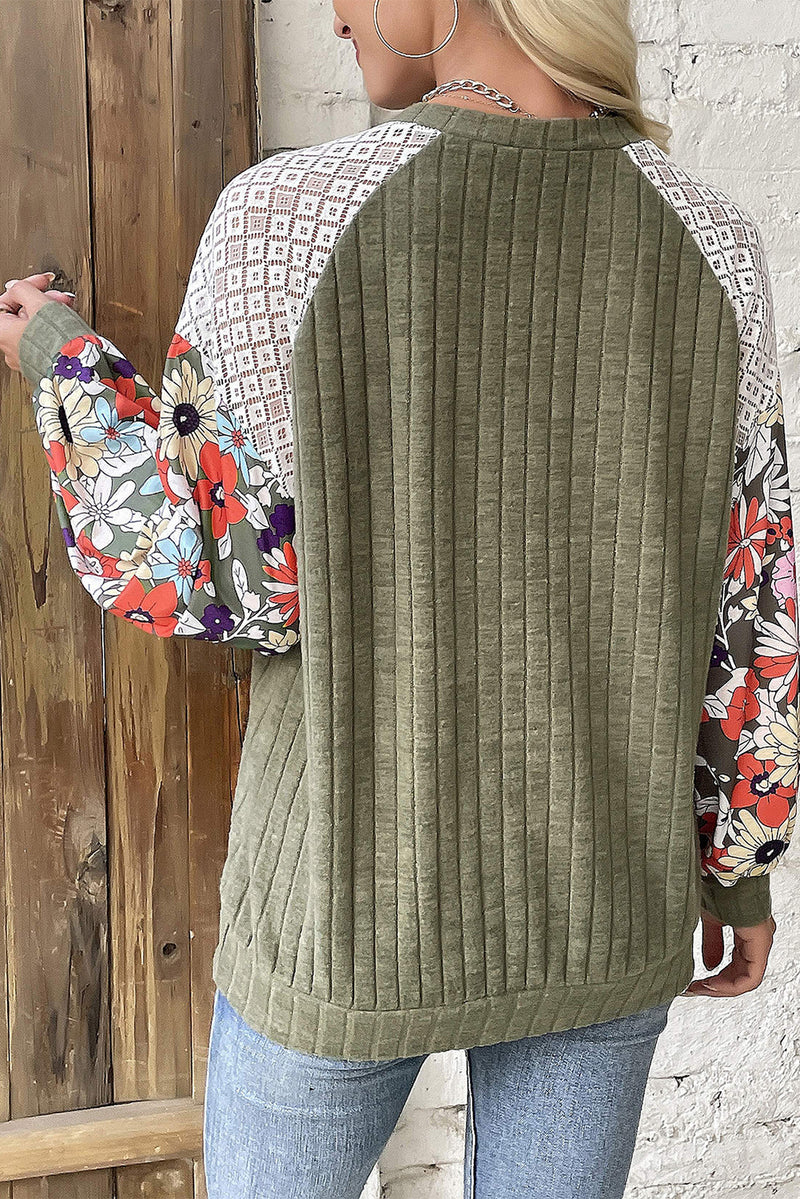 Laurel Green Floral Patchwork Raglan Sleeve Ribbed Blouse