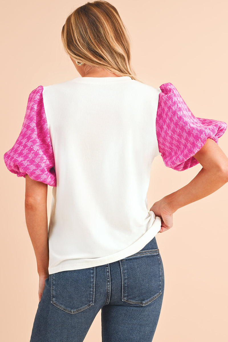 White Tweed Lantern Sleeve Patchwork Blouse