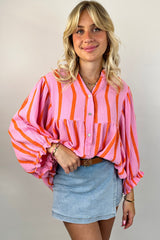 Orange Stripe Crinkle Ruffle Sleeve Loose Top