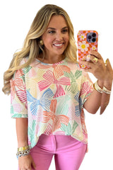 Multicolour Bowknot Print Waffle Loose Tee