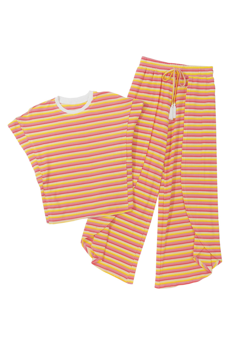 Yellow Stripe Rainbow Tee and Tassel Drawstring Wide Leg Pants Set