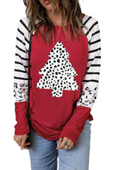 Red Leopard Christmas Tree Striped Graphic Top