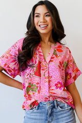 Rose Spotted Jungle Print V Neck Boho Blouse