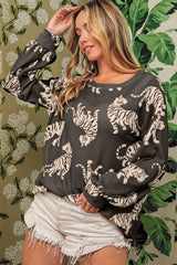 White Animal Print Drop Sleeve Pullover Sweatshirt