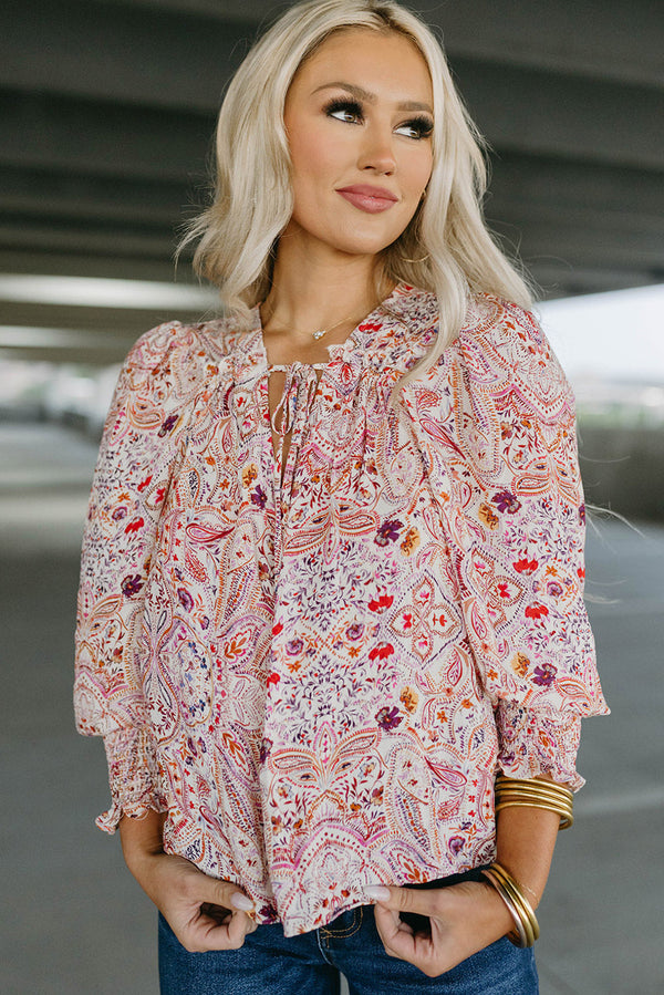 Red Boho Paisley Print Shirred Cuffs Blouse