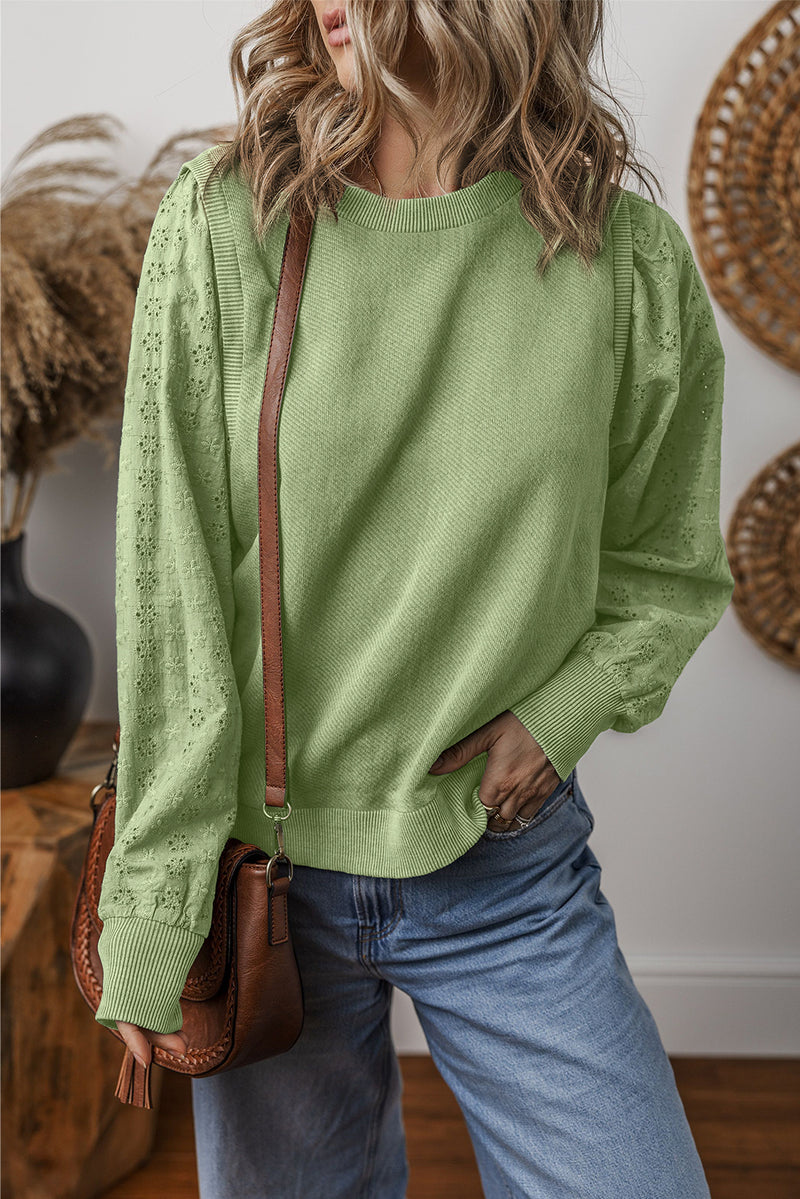 Mist Green Eyelet Embroidered Sleeve Patchwork Ribbed Sweatshirt