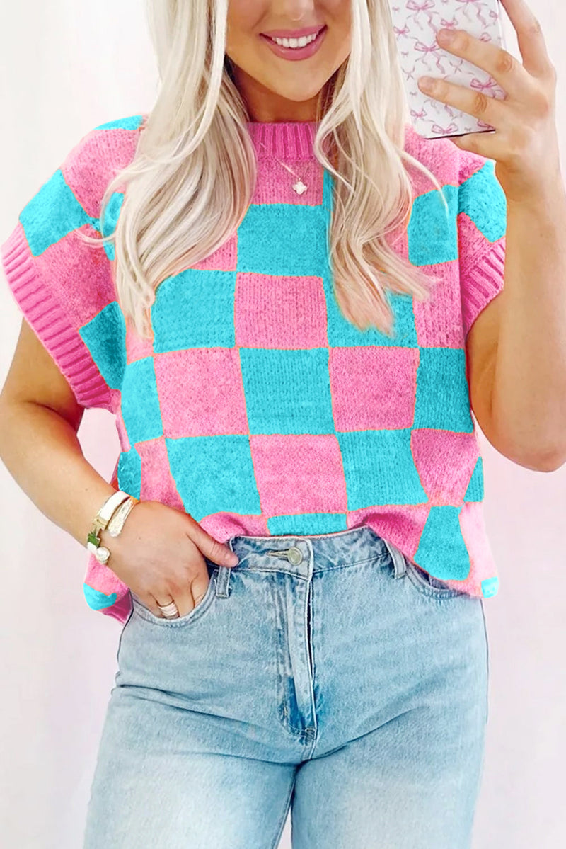 Sachet Pink Colorblock Checkered Knit Dolman Tee