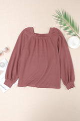 Brown Waffle Texture Casual Square Neck Pullover Top