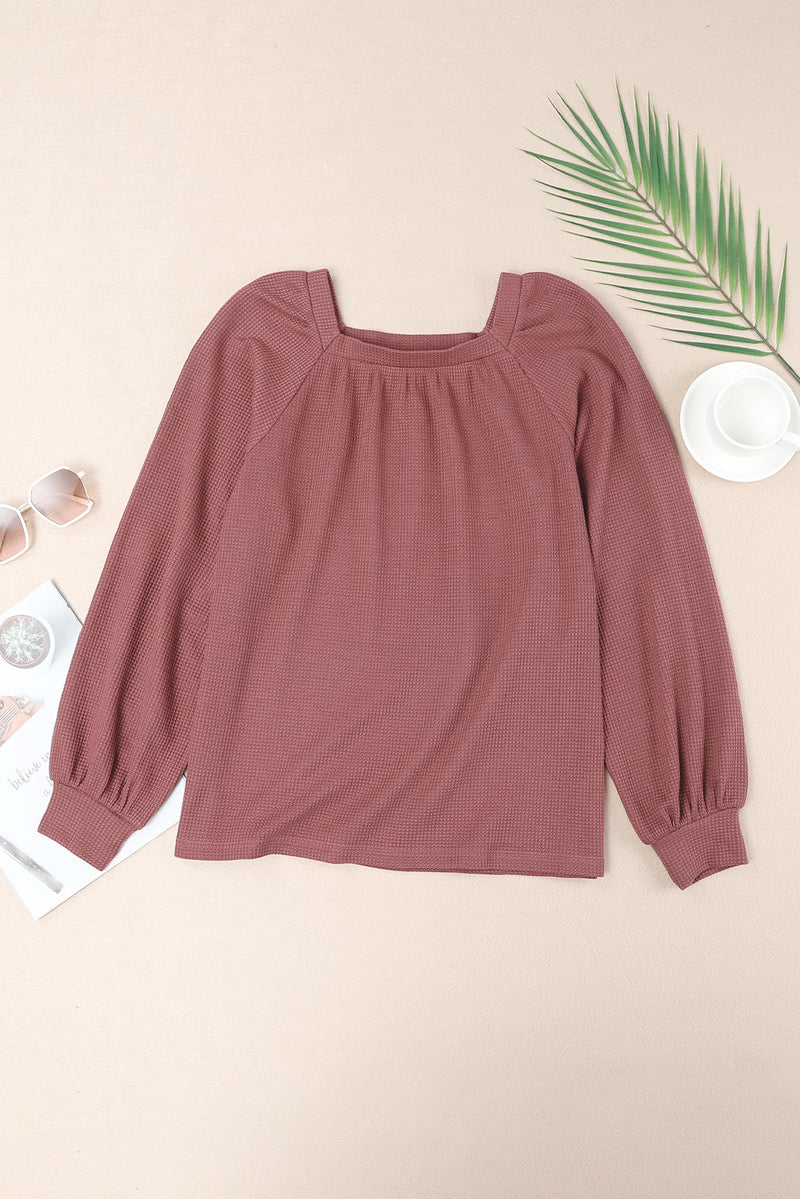 Brown Waffle Texture Casual Square Neck Pullover Top