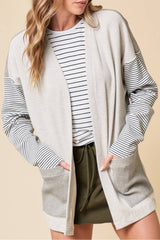 Black Striped Patchwork Pocket Open Front Cardigan