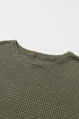 Green Waffle Knit Drop Sleeve High Slits Oversized Top