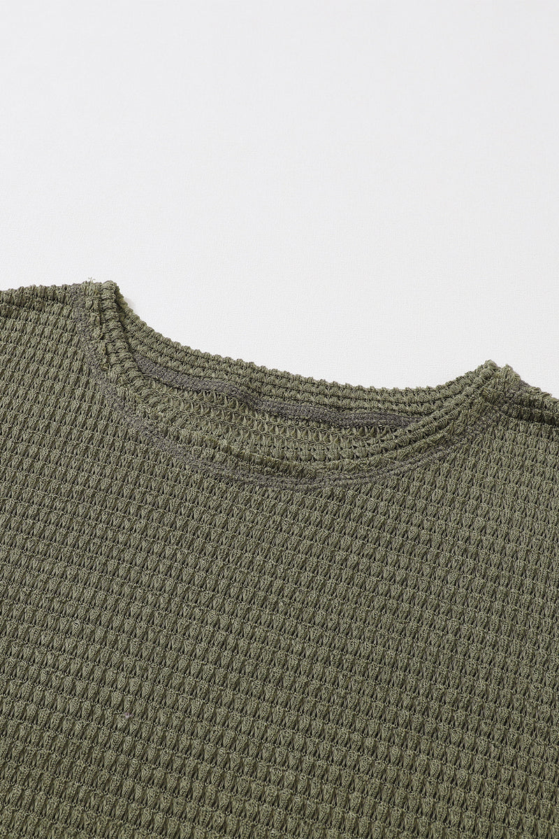 Green Waffle Knit Drop Sleeve High Slits Oversized Top