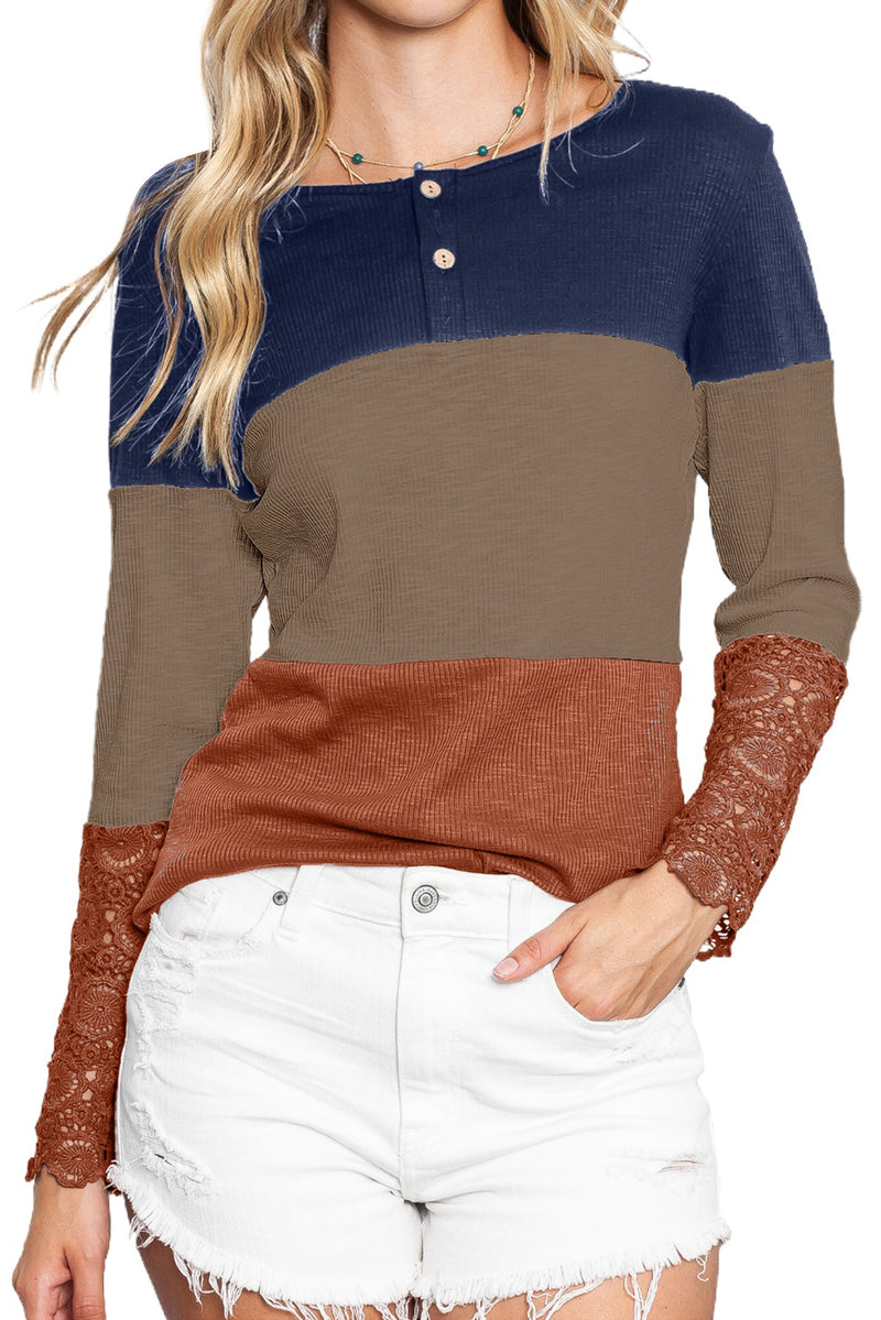 Color Block Ribbed Lace Crochet Sleeves Henley Shirt for Women