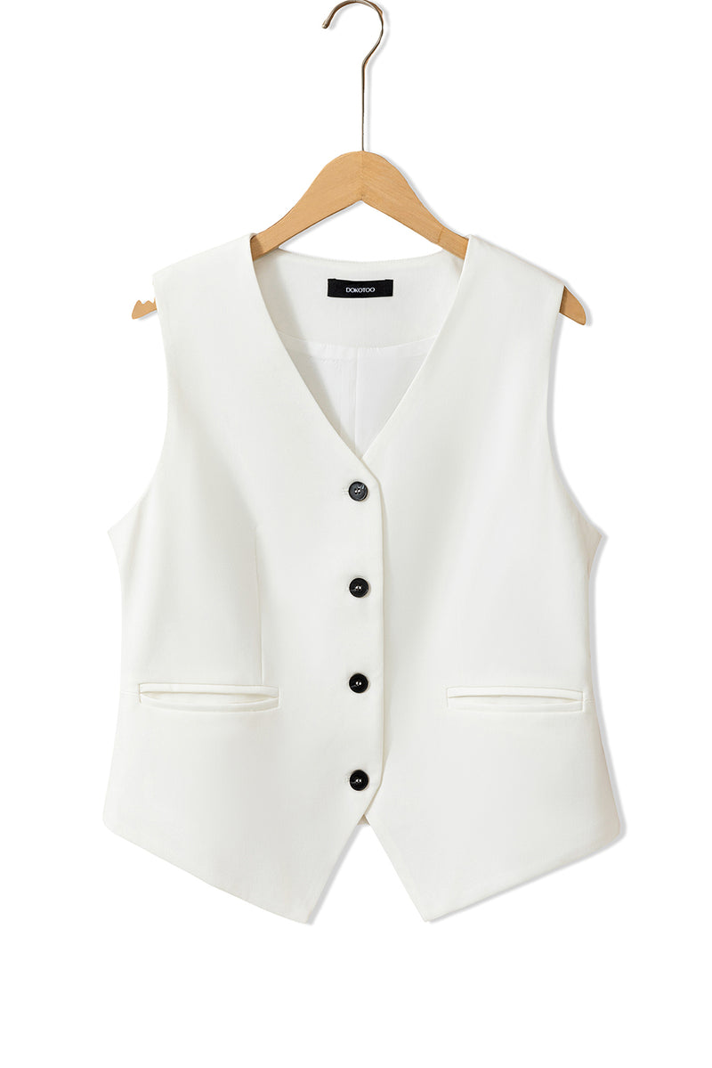 White Solid Color Button Up V Neck Suit Vest