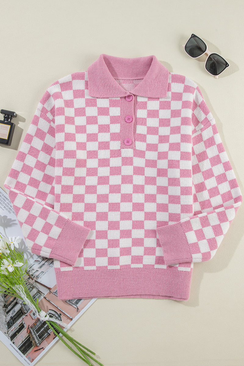 Pink Checkered Buttons Collar V Neck Drop Shoulder Sweater