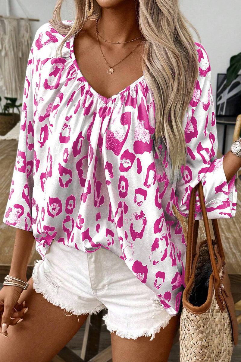 Rose Leopard Print V Neck 3/4 Sleeve Blouse