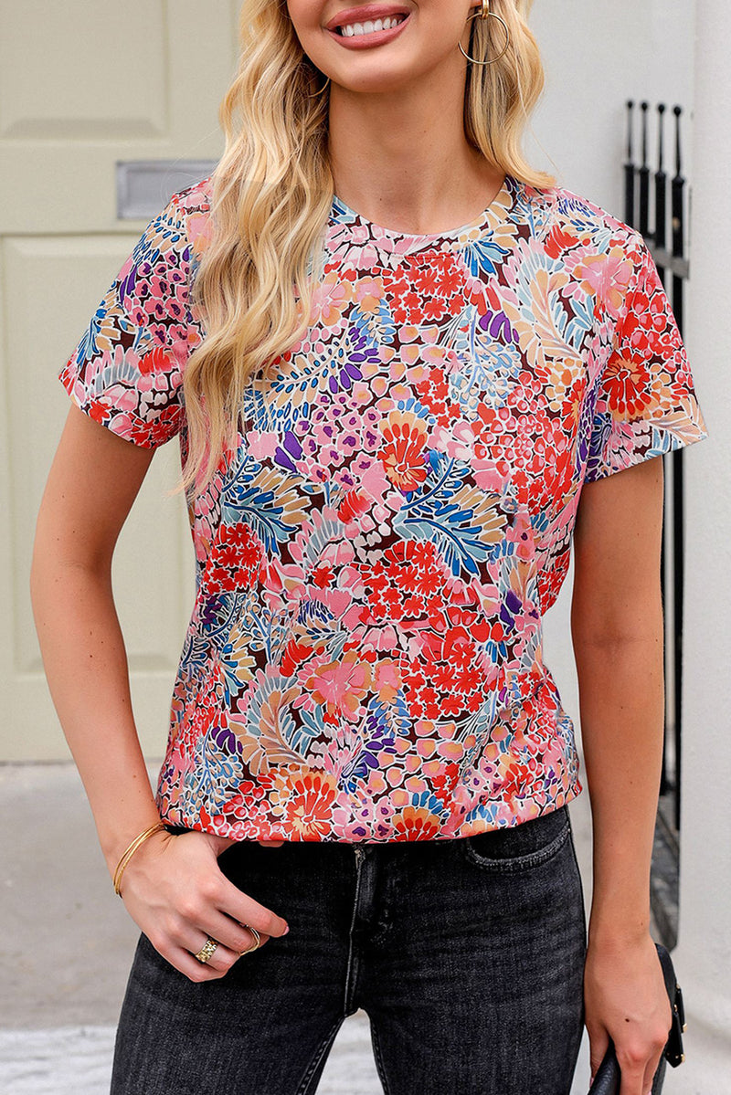 Red Short Sleeve Floral Print T Shirt