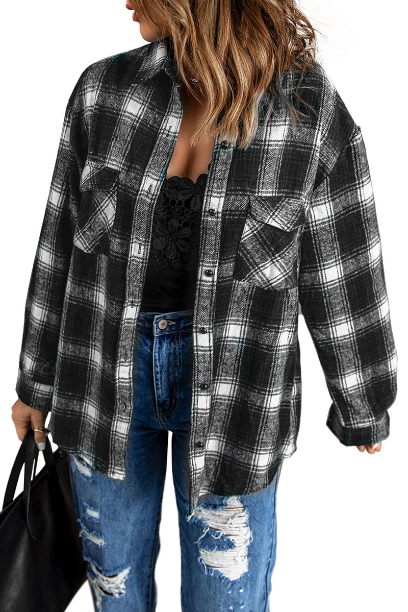 Black Button Up Collared Plaid Shacket