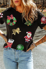 Black Sequin Christmas Graphic Crewneck T Shirt