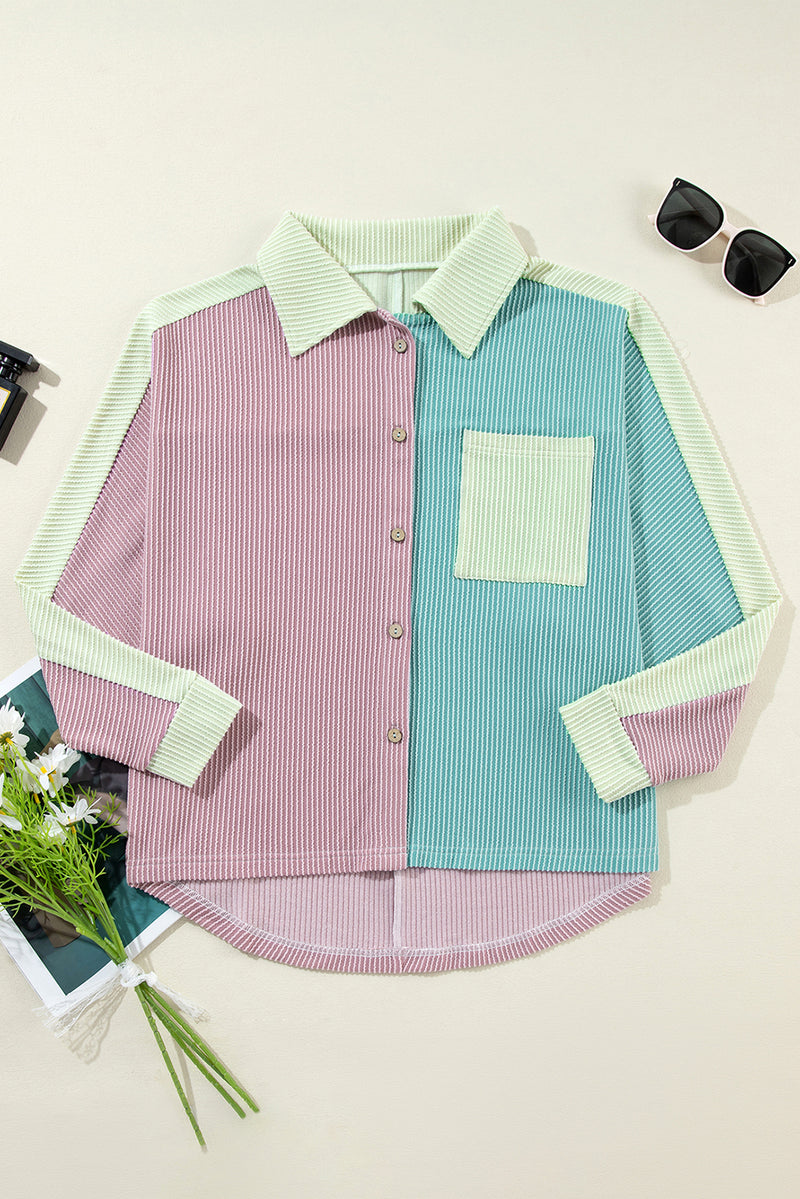 Phalaenopsis Color Block Ribbed Buttoned Oversized Shirt