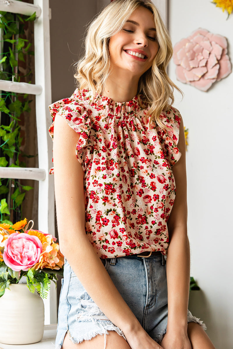 Red Boho Floral Print Ruffled Mock Neck Sleeveless Shirt