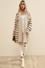 Black Stripe Side Pockets Open Front Cardigan