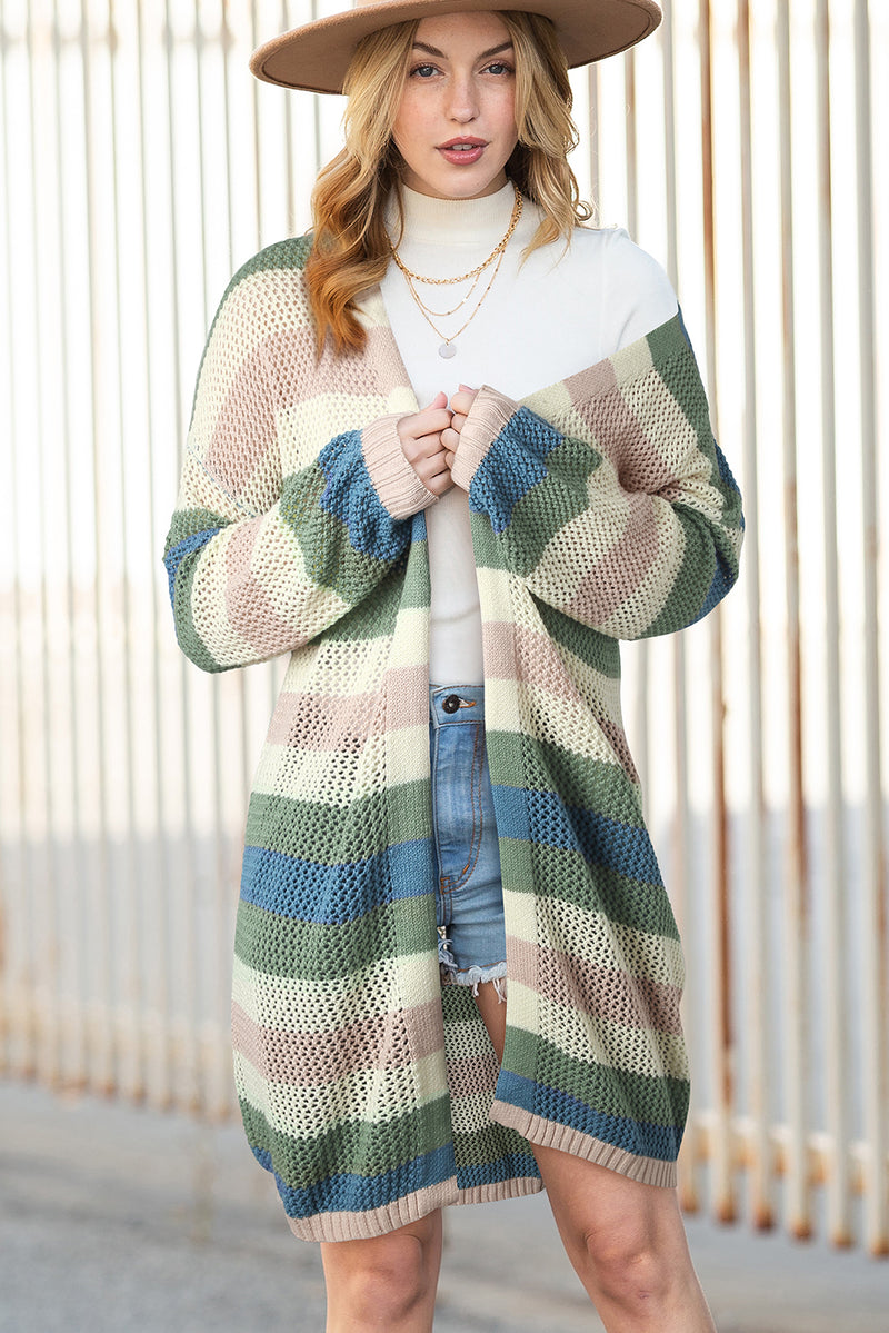 Black Striped Color Block Casual Hollow Cable Knit Cardigan