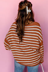 Khaki Casual Stripe Round Neck Drop Shoulder Sweater