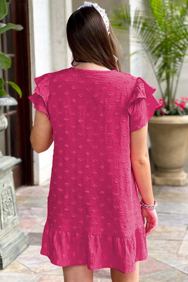 Strawberry Pink Plus Size Swiss Dot Short Ruffle Sleeve Mini Dress