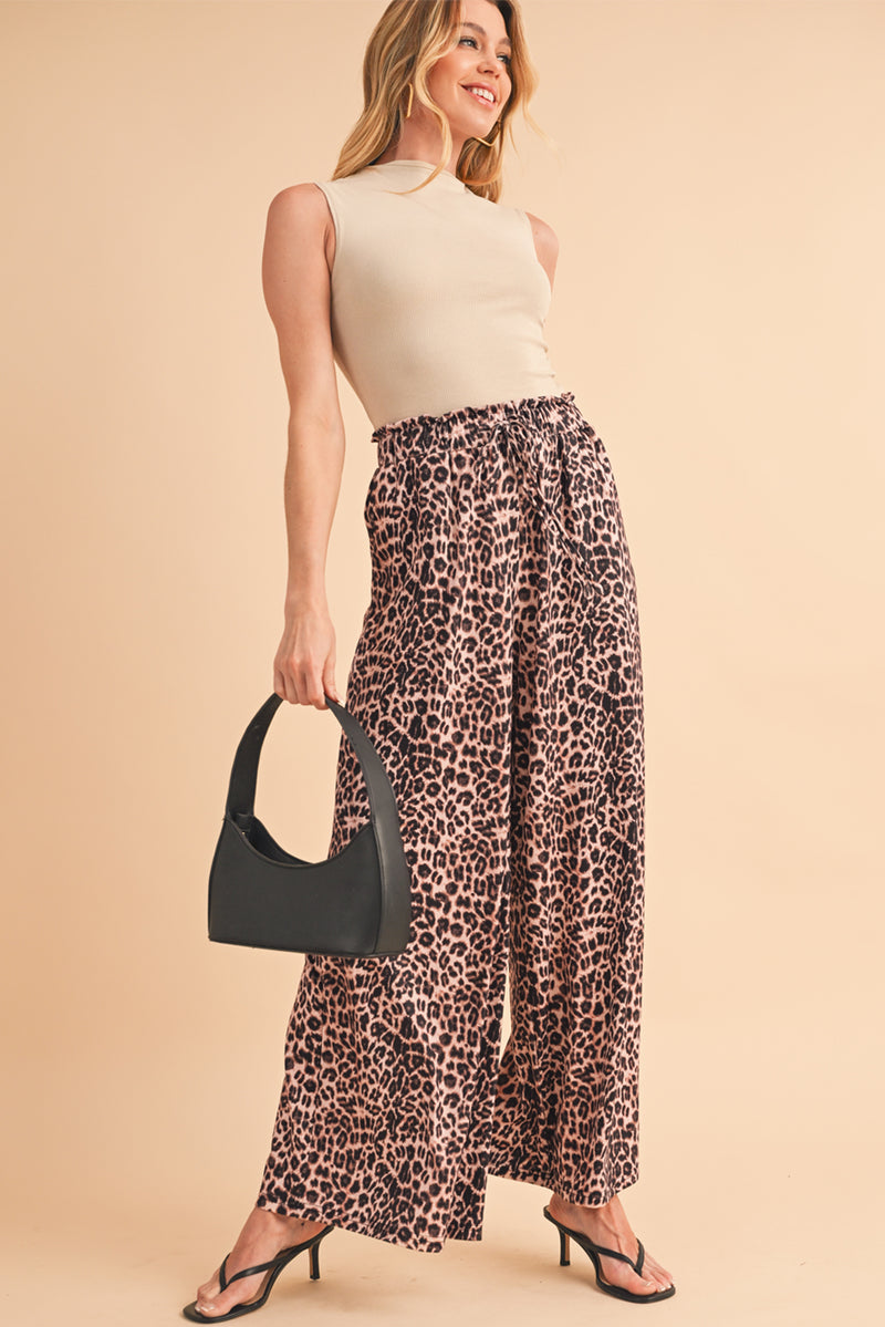 Beige Boho Leopard Print Wide Leg Pants