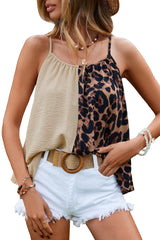 Khaki Leopard Contrast Spaghetti Strap Flowy Top