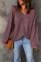 Purple Waffle Knit Split V Neck Drop Shoulder Long Sleeve Top