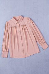 Light Blue Solid Color Button Up Puff Sleeve Casual Pleated Shirt