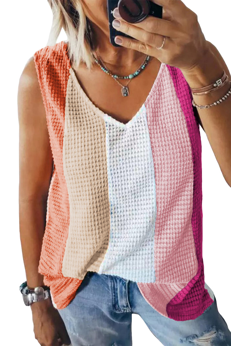 Multicolor Color Block Casual V Neck Waffle Knit Tank Top