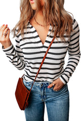 Stripe Casual Collared V Neck Lightweight Knit Sweater