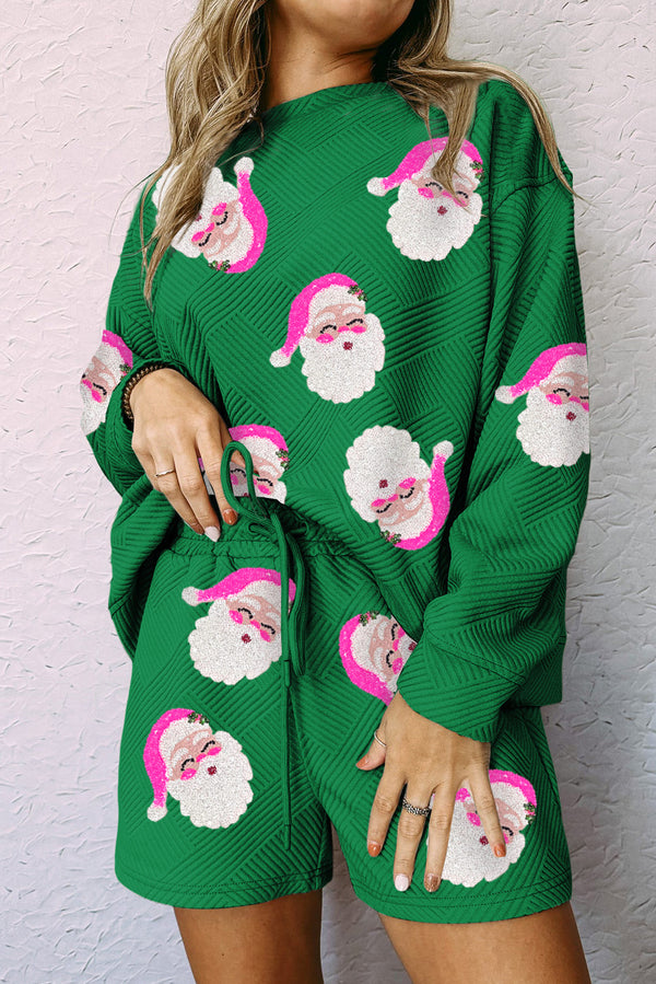 Green Santa Clause Pattern Textured Pullover and Shorts Casual Outfit